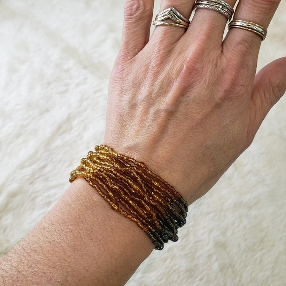 TRI COLOR Multi Strand Boho Seed Beaded Bracelet Browns - Picture 2 of 5